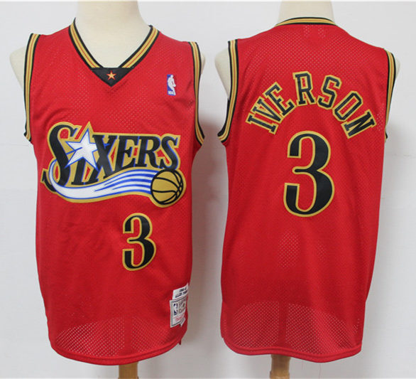 Men’s Philadelphia 76ers #3 Allen Iverson Mitchell & Ness Red Hardwood Classics Reload Jersey