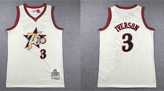 Men’s Philadelphia 76ers 76ers #3 Allen Iverson Mitchell & Ness Chainstitch Swingman Jersey – Cream
