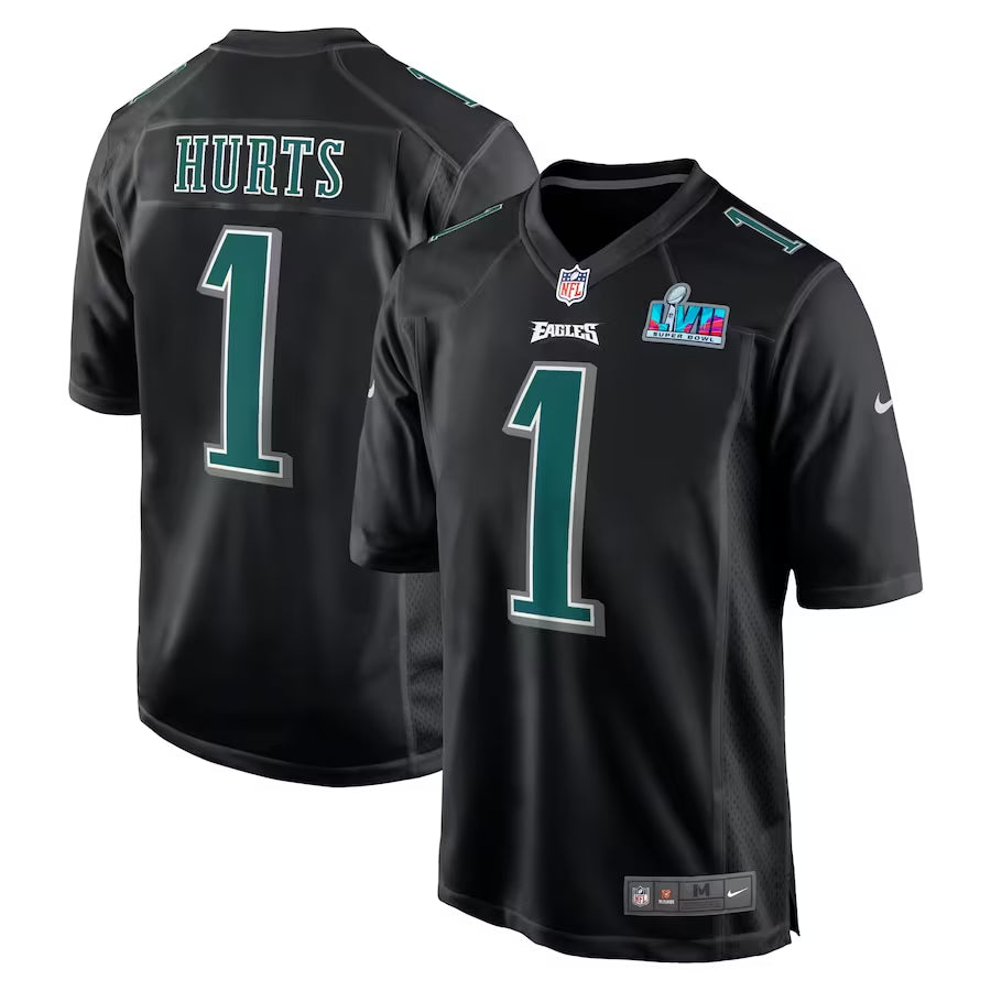 Men’s Philadelphia Eagles Jalen Hurts #1 Black Super Bowl LVII Patch Jersey