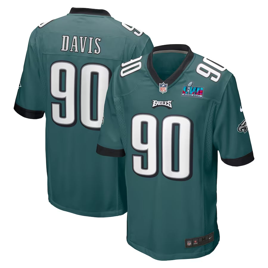 Men’s Philadelphia Eagles Jordan Davis #90 Midnight Green Super Bowl LVII Patch Jersey