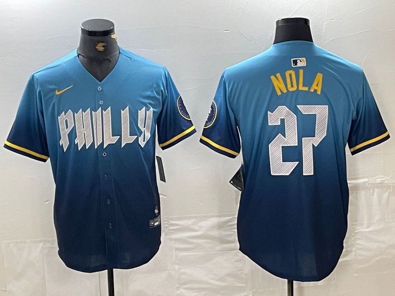 Men’s Philadelphia Phillies Aaron Nola #27 Blue 2024 City Connect Limited Jersey