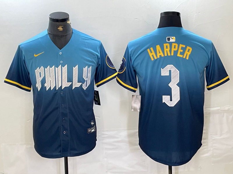 Men’s Philadelphia Phillies Bryce Harper #3 Blue 2024 City Connect Limited Jersey