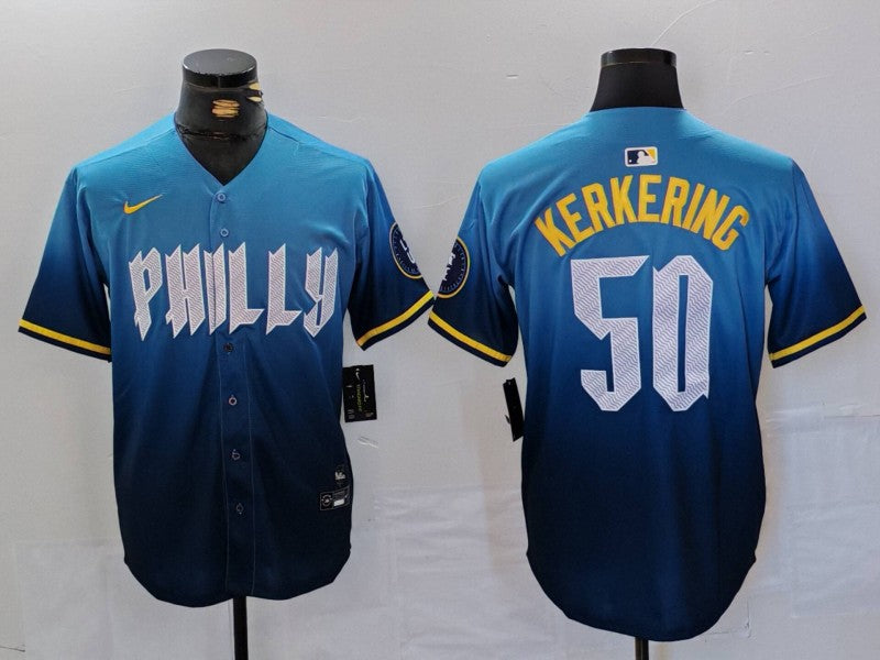 Men’s Philadelphia Phillies Orion Kerkering #50 Blue 2024 City Connect Limited Jersey