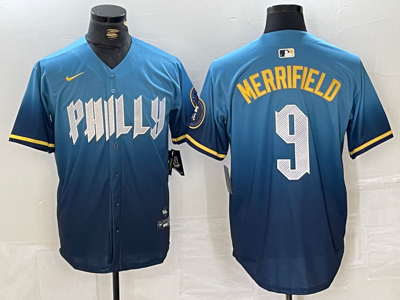 Men’s Philadelphia Phillies Whit Merrifield #9 Blue 2024 City Connect Limited Jersey