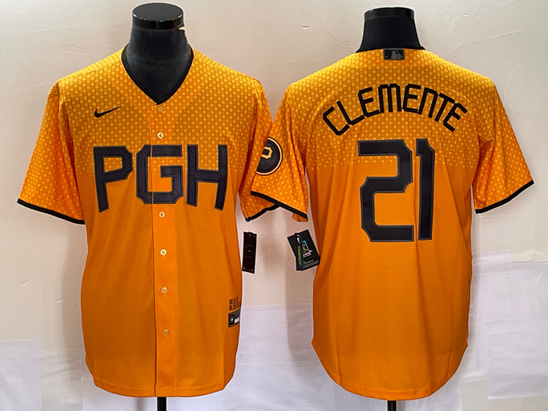 Men’s Pittsburgh Pirates Roberto Clemente #21 Gold 2023 City Connect Jersey