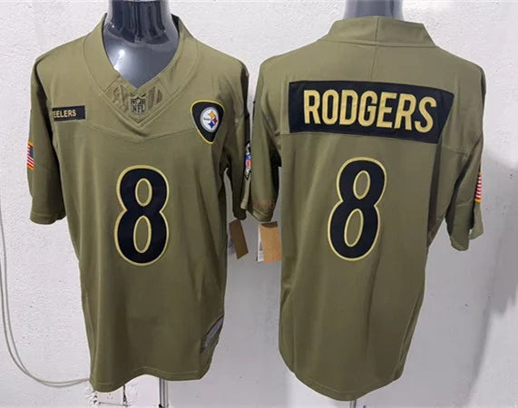 Men’s Pittsburgh Steelers #8 Aaron Rodgers Nike 2025 Salute to Service Limited Jersey – Olive