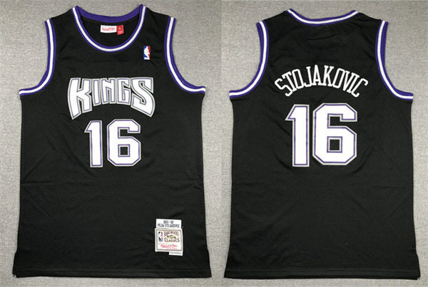 Mens Sacramento Kings Retired Player #16 Peja Stojakovic Mitchell & Ness Black 2001-02 Hardwood Classics Swingman Jersey