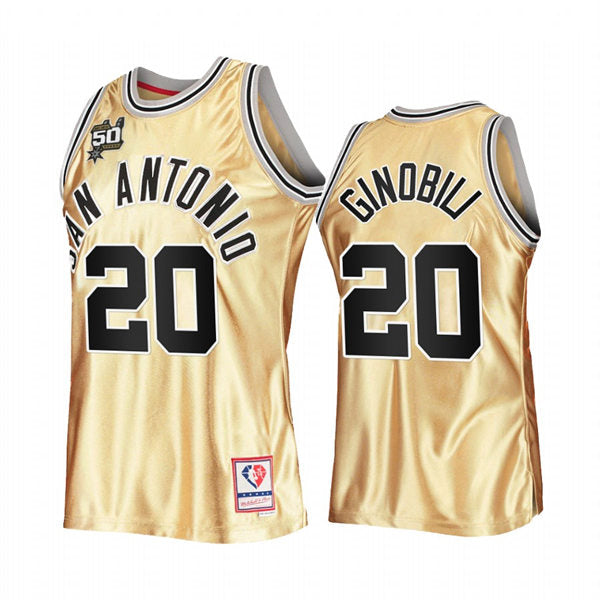 Men’s San Antonio Spurs #20 Manu Ginobili Gold Retro Hardwood Classics 50th Anniversary Jersey