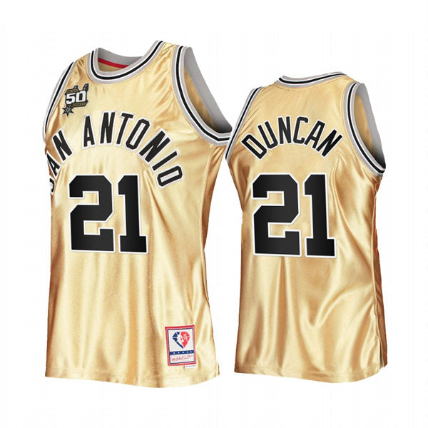 Men’s San Antonio Spurs #21 Tim Duncan Gold Retro Hardwood Classics 50th Anniversary Jersey