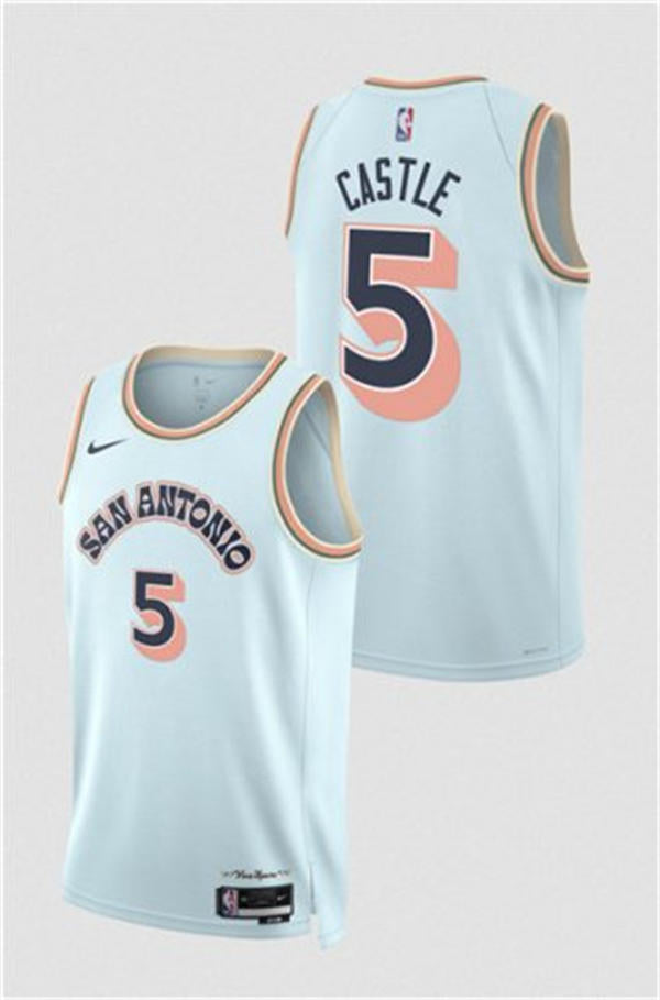 Men’s San Antonio Spurs #5 Stephon Castle Light Blue 2024-25 City Edition Jersey
