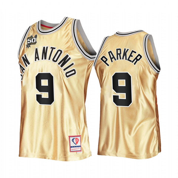 Men’s San Antonio Spurs #9 Tony Parker Gold Retro Hardwood Classics 50th Anniversary Jersey