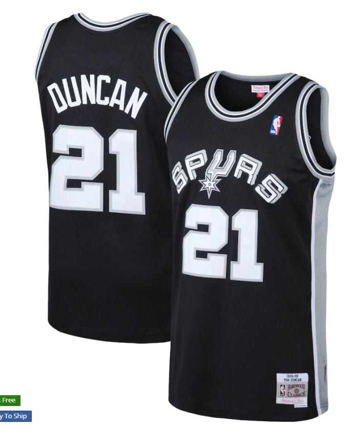 Mens San Antonio Spurs Retired Player #21 Tim Duncan Mitchell & Ness 1998-99 Hardwood Classics Jersey – Black