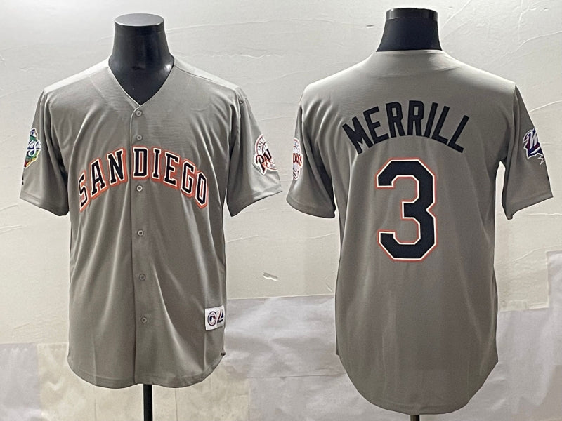 Men’s San Diego Padres Jackson Merrill #3 Gray Jersey
