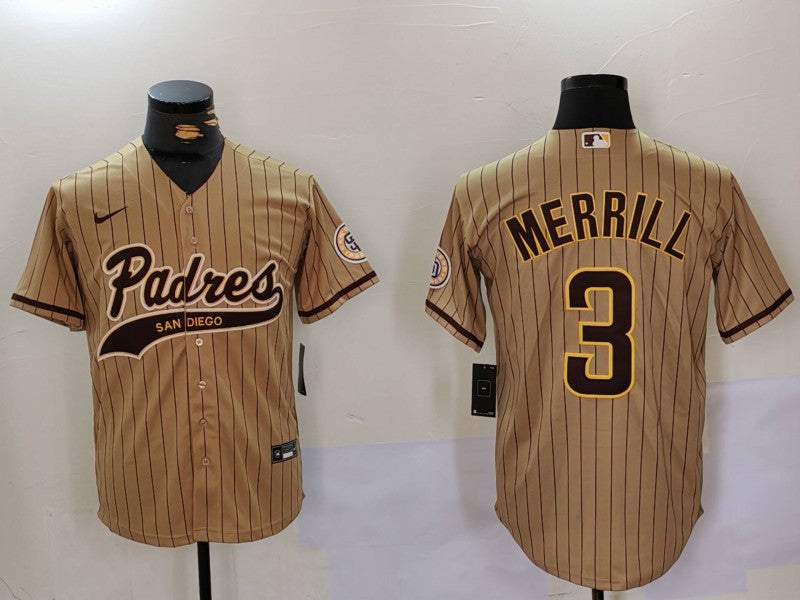 Men’s San Diego Padres Jackson Merrill #3 Tan Alternate Jersey