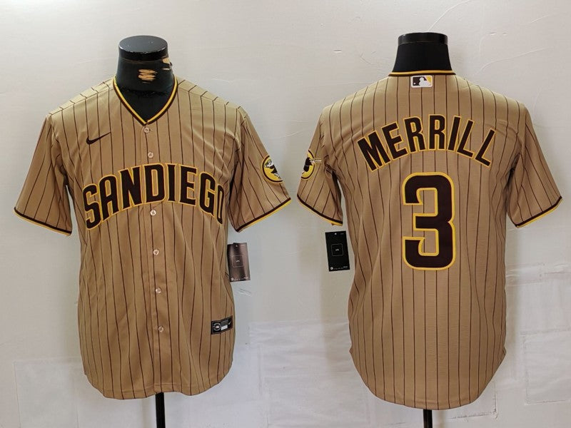 Men’s San Diego Padres Jackson Merrill #3 Tan Jersey
