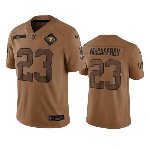 Mens San Francisco 49ers #23 Christian McCaffrey Brown 2023 Salute To Service Limited Jersey