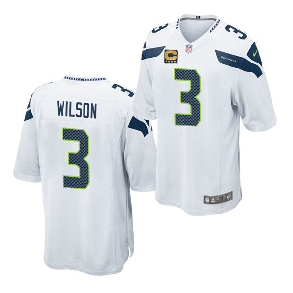 Men’s Seattle Seahawks #3 Russell Wilson White Captain Patch Nike NFL Limited Jersey