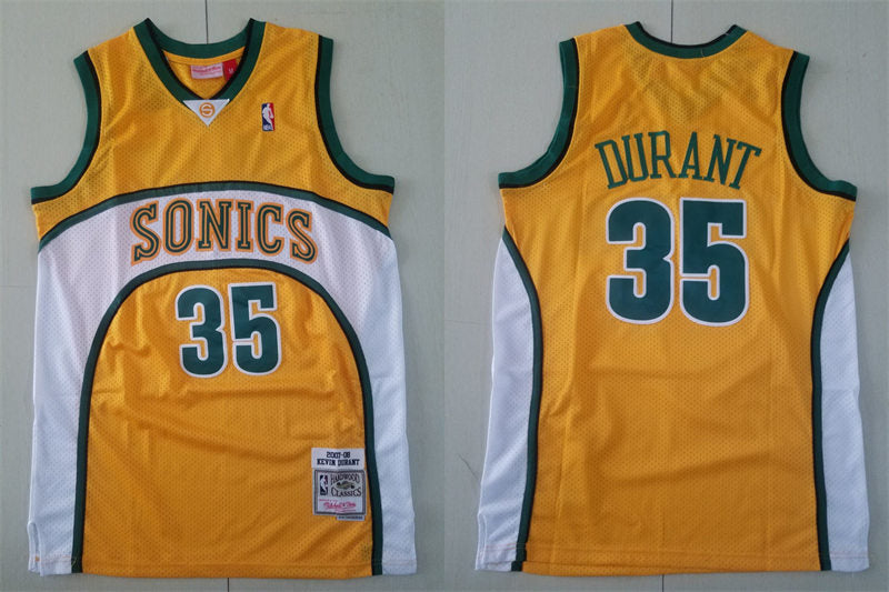 Men’s Seattle Supersonics #35 Kevin Durant Yellow 2007-08 Hardwood Classics Throwback Jersey