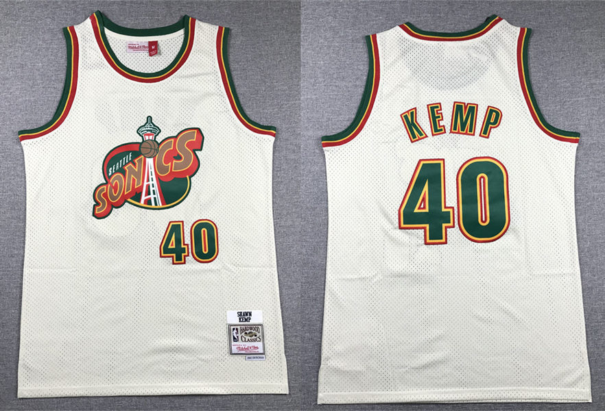 Men’s Seattle Supersonics #40 Shawn Kemp Mitchell & Ness Chainstitch Swingman Jersey – Cream