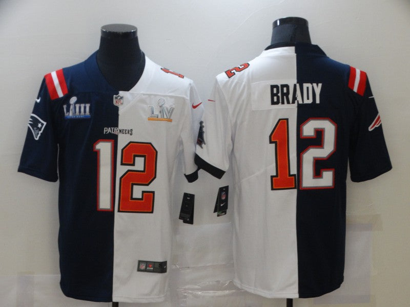 Men’s Tampa Bay Buccaneers Mix New England Patriots #12 Tom Brady Navy White Super Bowl LV Champions Nike Split Vapor Limited Jersey