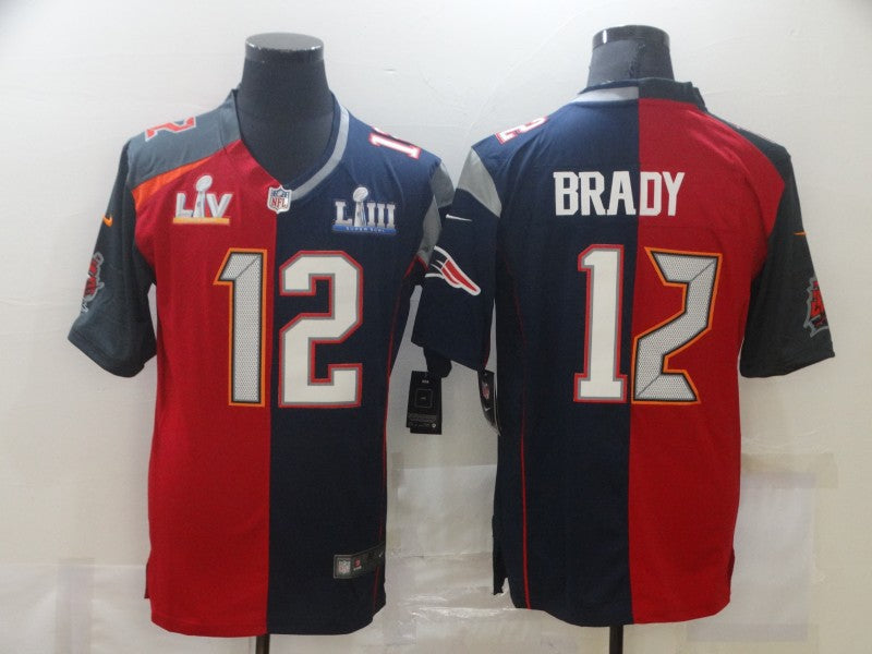 Men’s Tampa Bay Buccaneers Mix New England Patriots #12 Tom Brady Super Bowl LV Champions Navy Red Nike Split Vapor Limited Jersey