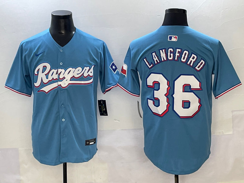 Men’s Texas Rangers Wyatt Langford #36 Light Blue Jersey