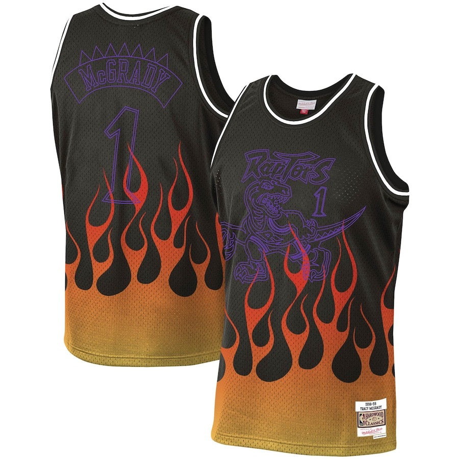 Men’s Toronto Raptors #1 Tracy McGrady Mitchell & Ness 1998-99 NBA Hardwood Classics Black Flames Jersey