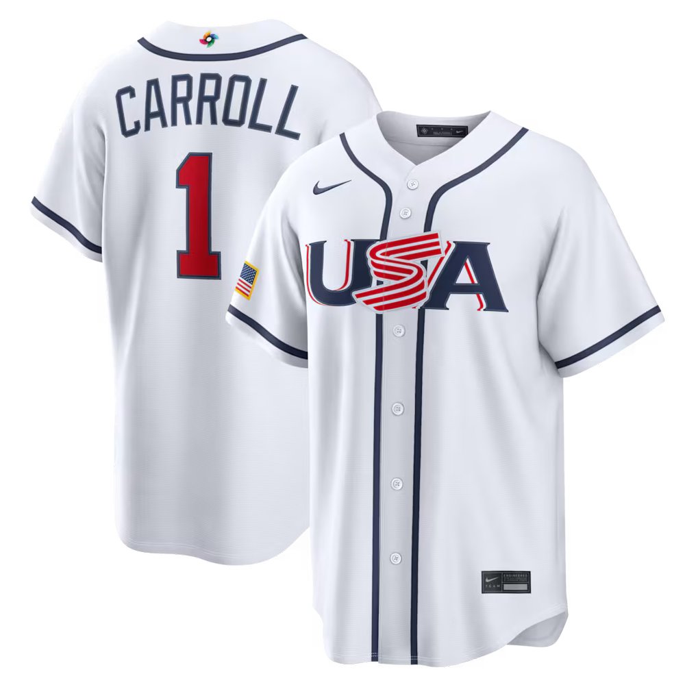 Men’s USA Baseball #1 Corbin Carroll White 2026 World Baseball Classic Home Stadium Jersey