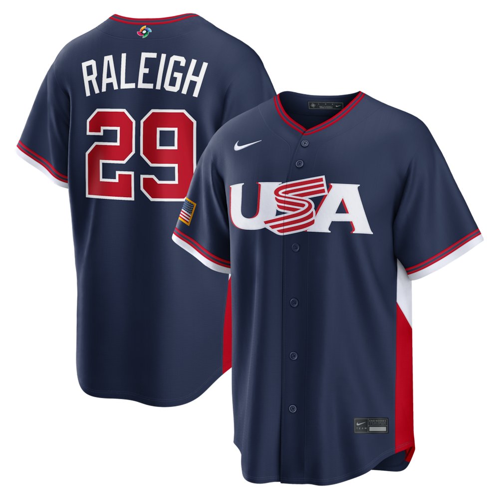 Men’s USA Baseball #29 Cal Raleigh Navy 2026 World Baseball Classic Road Stadium Jersey