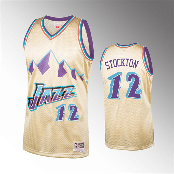 Men’s Utah Jazz #12 John Stockton Beige Soul Throwback Jersey