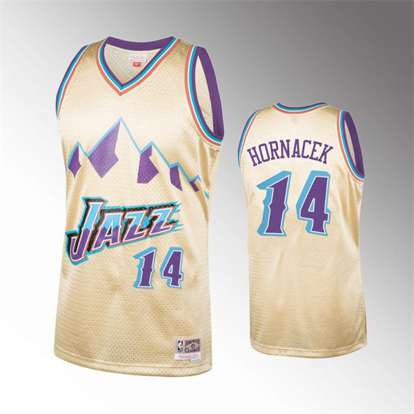 Men’s Utah Jazz #14 Jeff Hornacek Beige Soul Throwback Jersey