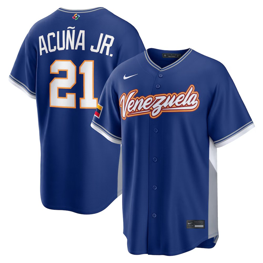 Men’s Venezuela Baseball #21 Ronald Acuna Jr. Royal 2026 World Baseball Classic Road Stadium Jersey