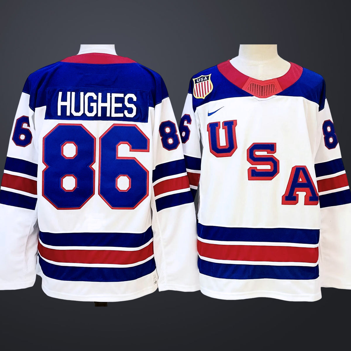 Men’s #86 HUGHES Team USA 2026 White Away Stitched Jersey