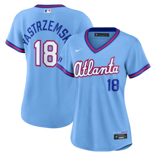 Women’s Atlanta Braves #18 Mike Yastrzemski Nike Powder Blue 2026 City Connect Stadium Jersey