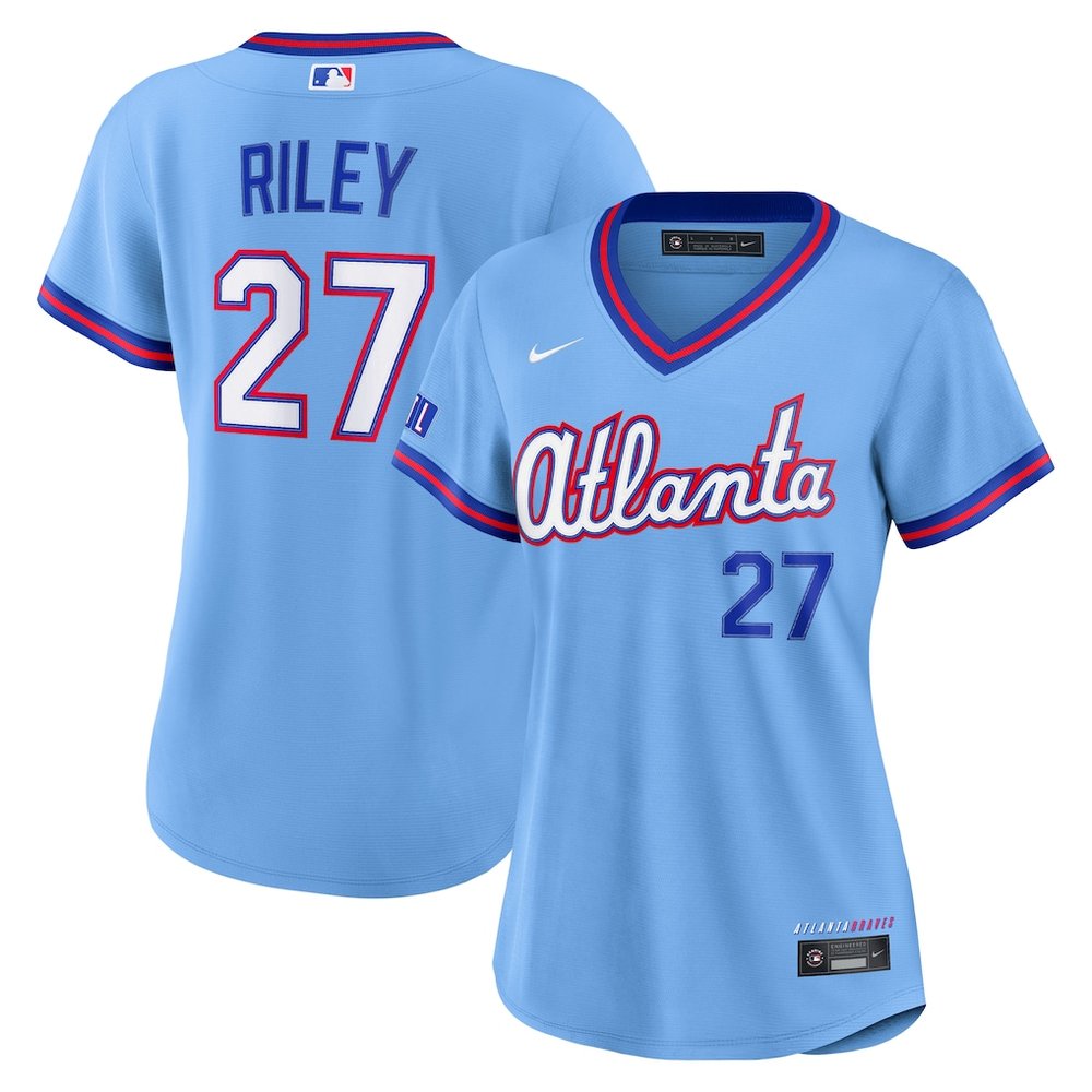 Women’s Atlanta Braves #27 Austin Riley Nike Powder Blue 2026 City Connect Stadium Jersey