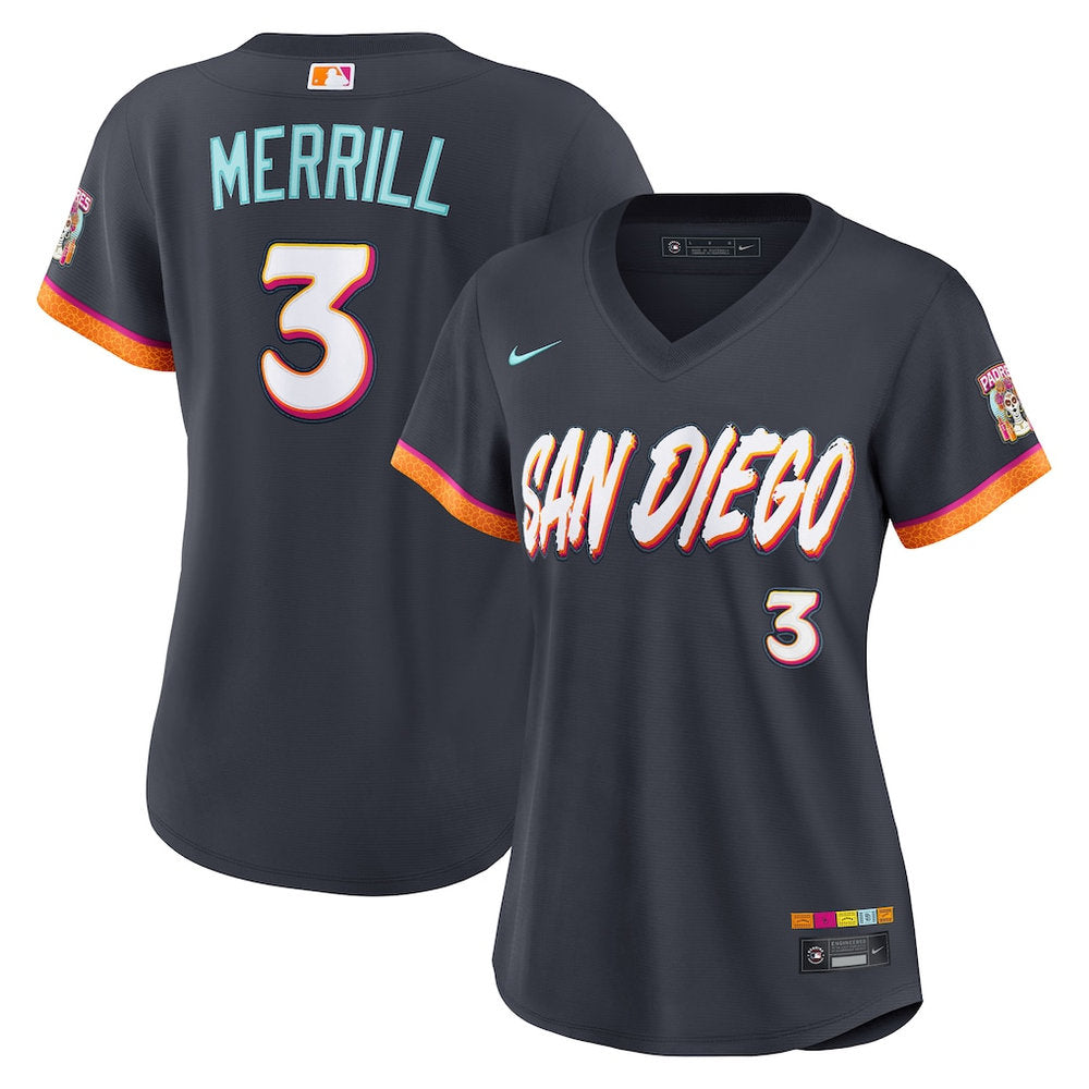 Women’s San Diego Padres #3 Jackson Merrill Nike Obsidian 2026 City Connect Stadium Jersey